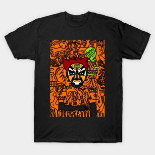 Hatshepsut - Male Character with Chinese Mask and Dark Eyes in a Doodle Background T-Shirt